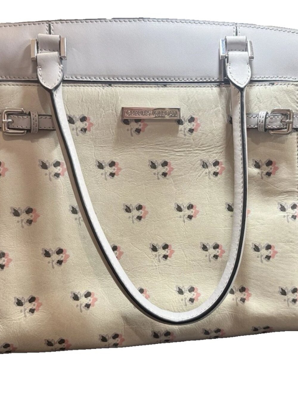 NEW Charles Jourdan Paris Grey Floral Leather Satchel Handbag Purse Elegant Chic
